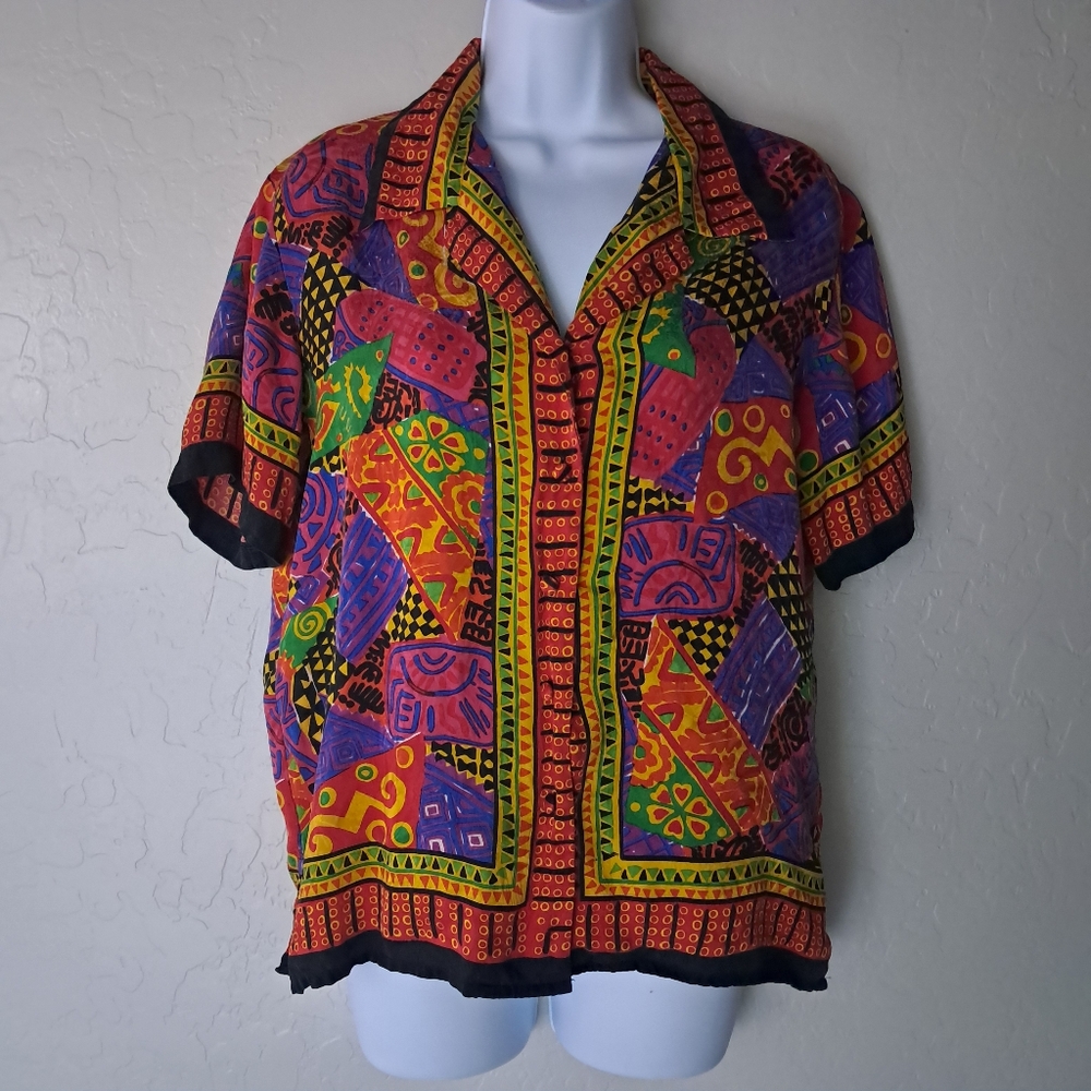 Vintage Corey B 100% Silk Button Front  Collard Blouse Women's